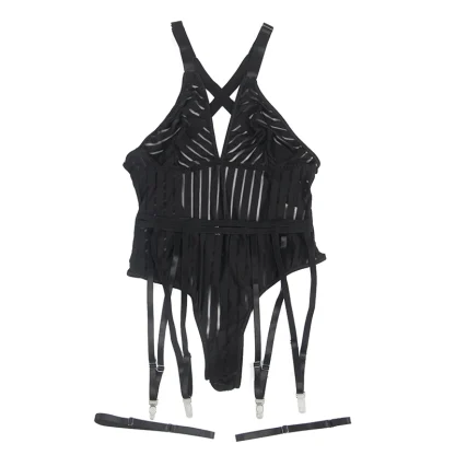 Striped Strap Plus Size Bodysuit with Garter - Image 6