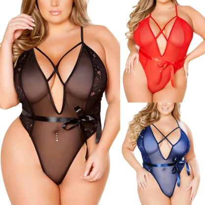 Deep V Neck Sheer Plus Size Bodysuit - Image 3
